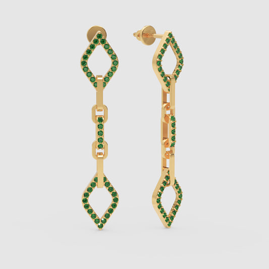 Emerald Chain Link Drop Earrings With Geometric Diamond Shapes - One