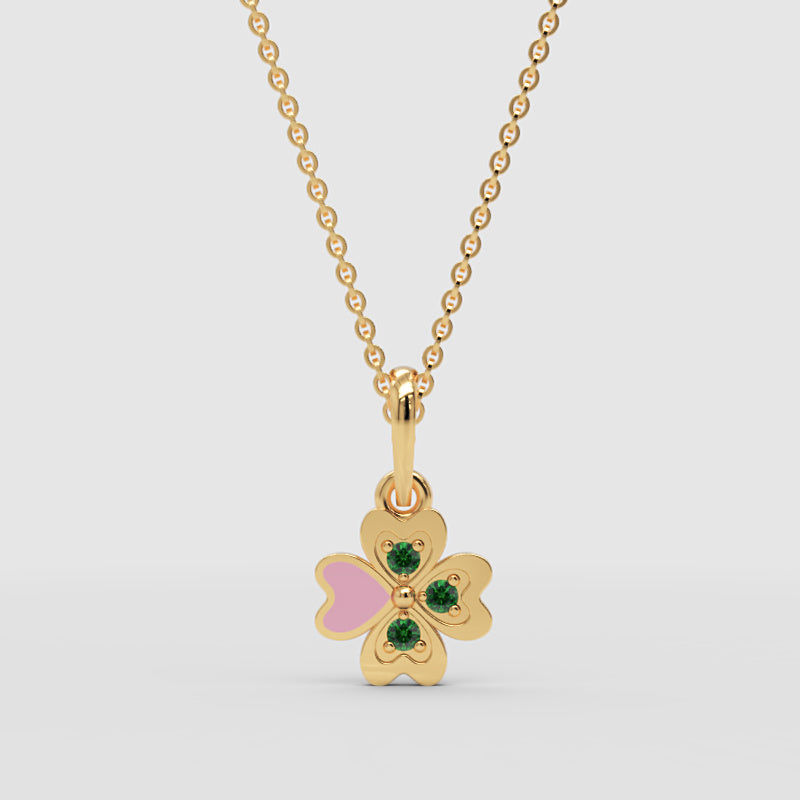 Enamel Clover Pendant Necklace With Green Stones - One