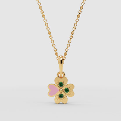 Enamel Clover Pendant Necklace With Green Stones - One
