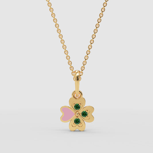 Enamel Clover Pendant Necklace With Green Stones - One