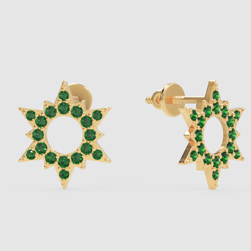 Emerald Star Burst Stud Earrings With Screw Back Closure - One