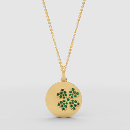Four Leaf Clover Emerald Disc Pendant Necklace - One