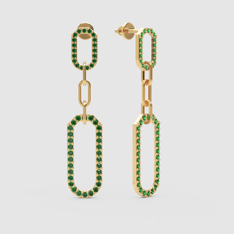 Green Lab Grown Gemstone Link Drop Earrings Pave Oval Chain Statement Dangle Design - One