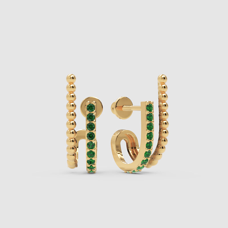 Emerald Beaded Double Hoop Stud Earrings - One