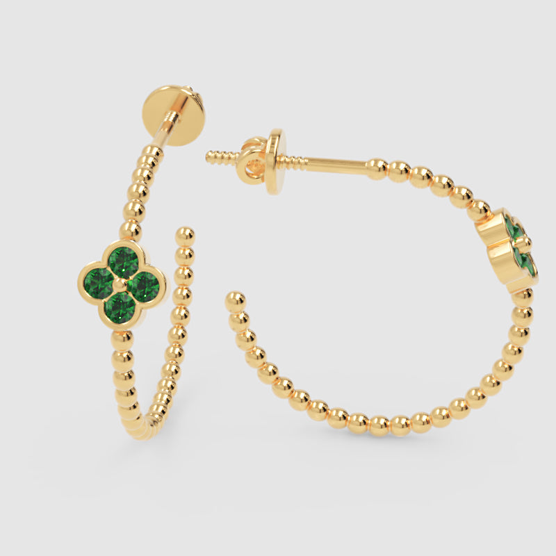 Beaded Hoop Earrings With Green Clover Accent - One
