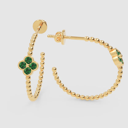 Beaded Hoop Earrings With Green Clover Accent - One