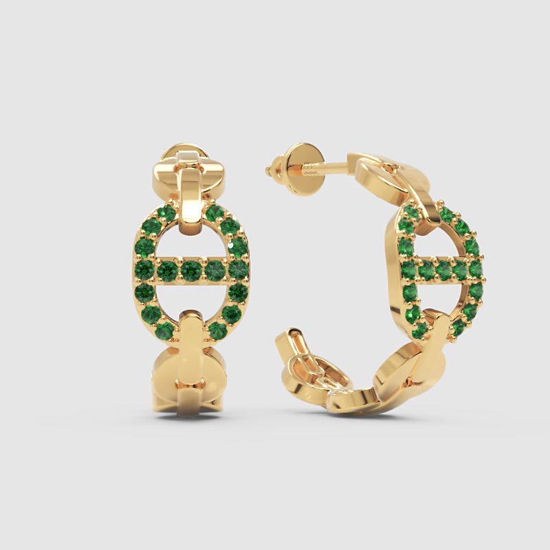 Green Lab-Grown Gemstone Hoop Earrings In Gold Finish – Modern Oval Link Huggie Design - One