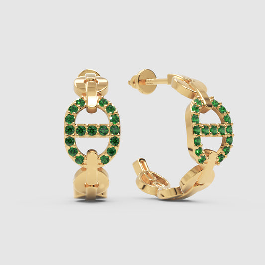 Green Lab-Grown Gemstone Hoop Earrings In Gold Finish – Modern Oval Link Huggie Design - One
