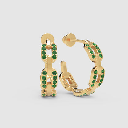 Emerald Chain Link Hoop Earrings With Screw Back Closure - One