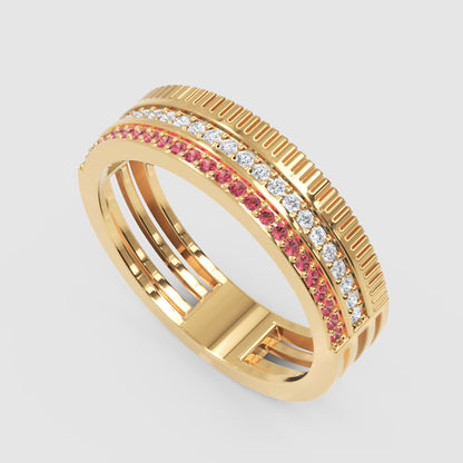 Gold Ruby Diamond Multi-Row Band Ring – Textured Statement Luxury Ring | Jebij - Five
