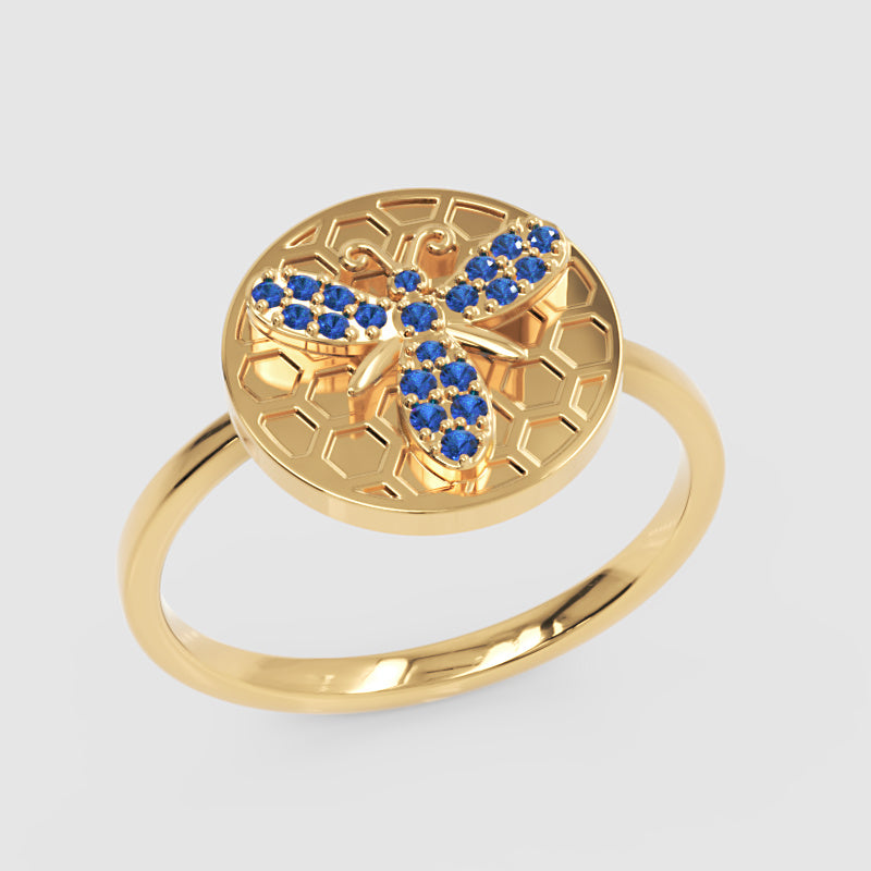 Blue Sapphire Honeycomb Bee Ring With Hexagonal Pattern Design - Seven