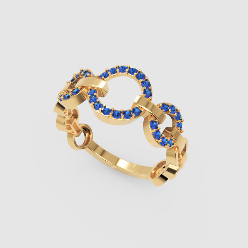 Blue Sapphire Multi-Link Circular Ring In White Gold | Double Pave Interlocking Chain Statement Luxury Ring For Women | Jebij - Seven