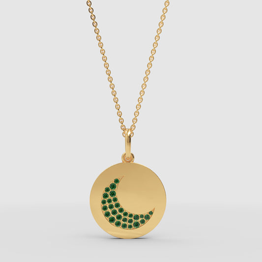 Emerald Crescent Moon Disc Pendant Necklace - One