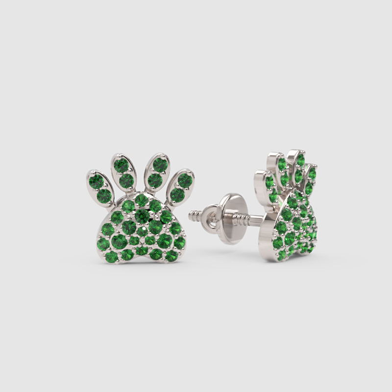 Green Crystal Paw Print Stud Earrings With Screw Back - One