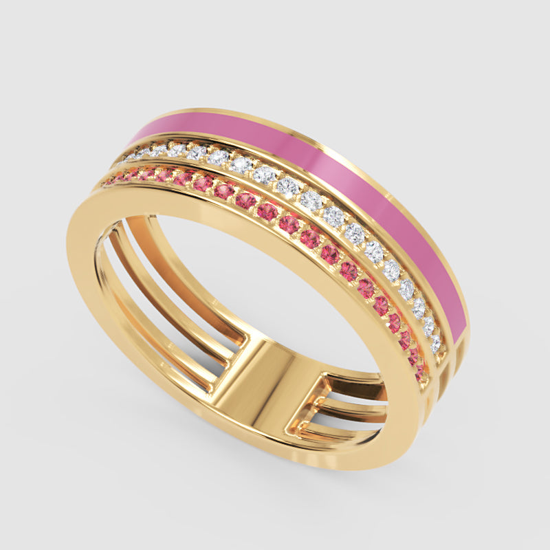 Gold Ruby Diamond Multi-Row Band Ring With Pink Enamel – Statement Luxury Ring - Seven