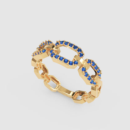 Blue Sapphire Chain Link Ring In White Gold | Double Pave Interlocking Statement Luxury Ring For Women | Jebij - Five