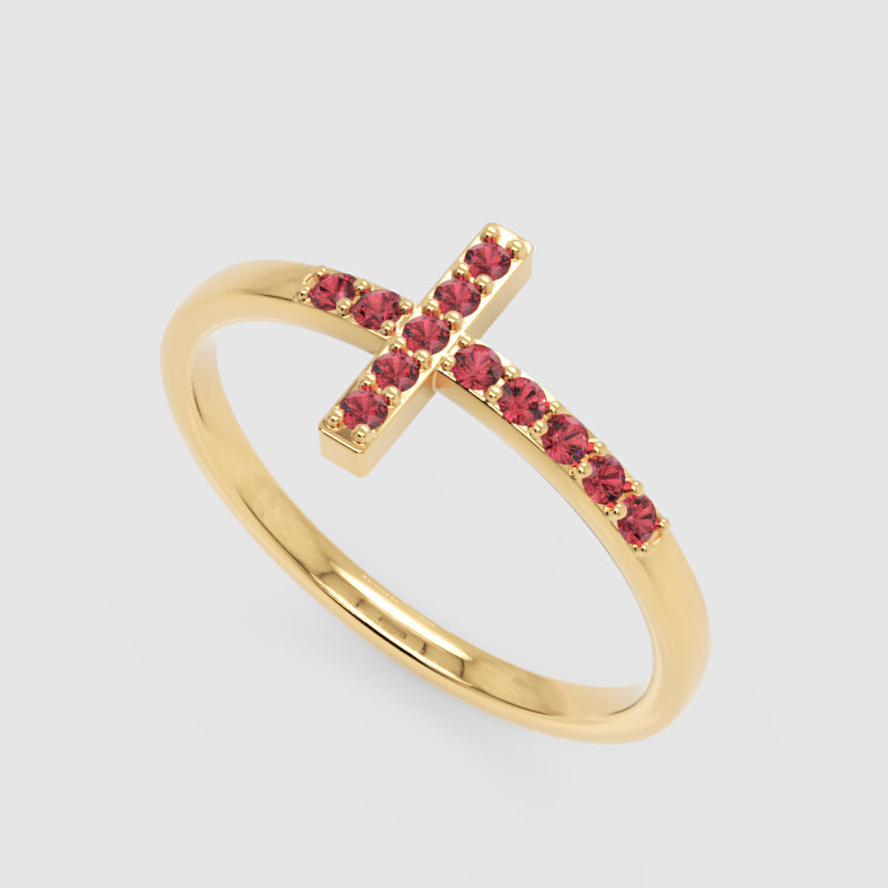 Ruby Cross Ring With Pav Gemstones In Rose Tone Finish - Five