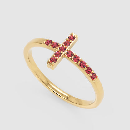 Ruby Cross Ring With Pav Gemstones In Rose Tone Finish - Five