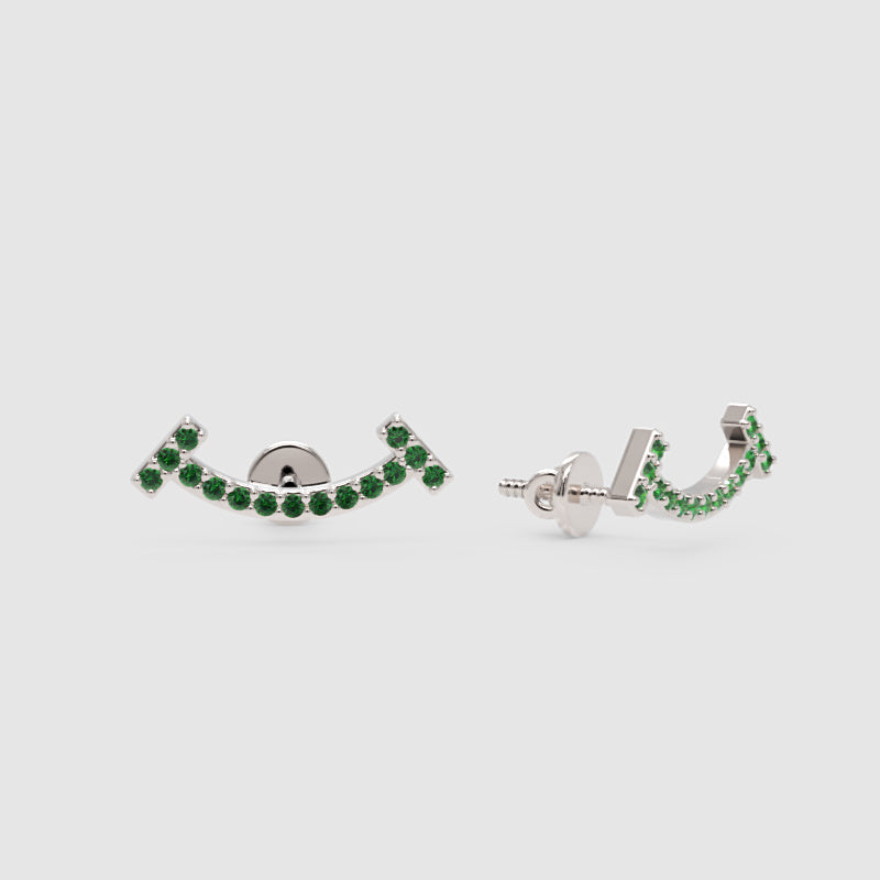 Curved Bar Stud Earrings With Green Stones - One