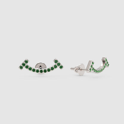 Curved Bar Stud Earrings With Green Stones - One