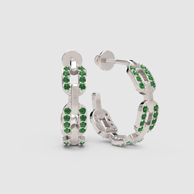 Emerald Chain Link Hoop Earrings With Screw Back Closure - Three