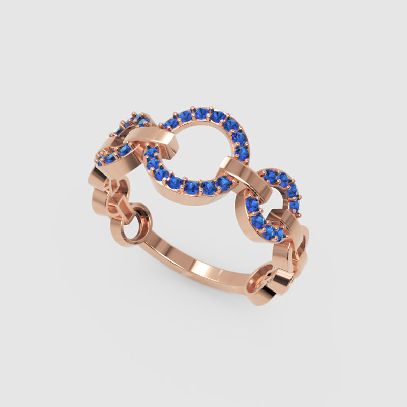 Blue Sapphire Multi-Link Circular Ring In White Gold | Double Pave Interlocking Chain Statement Luxury Ring For Women | Jebij - Eight