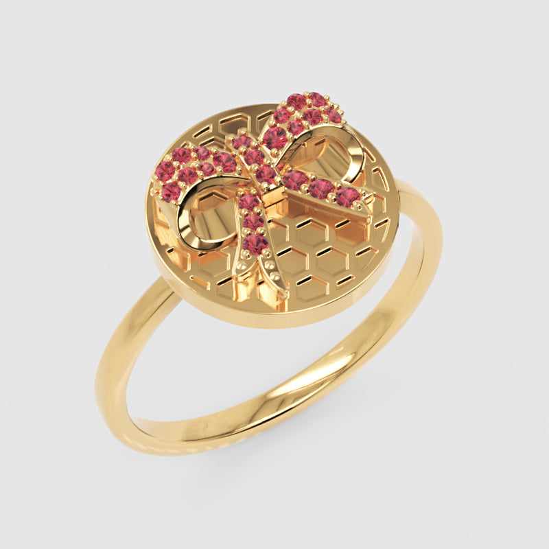 Honeycomb Bee Ring With Pink Gemstones  Rose Tone Disc Ring - Five