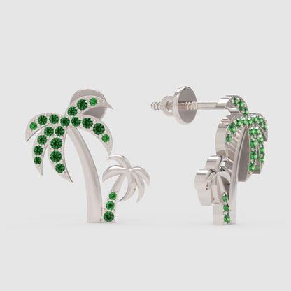 Green Crystal Palm Tree Stud Earrings - One