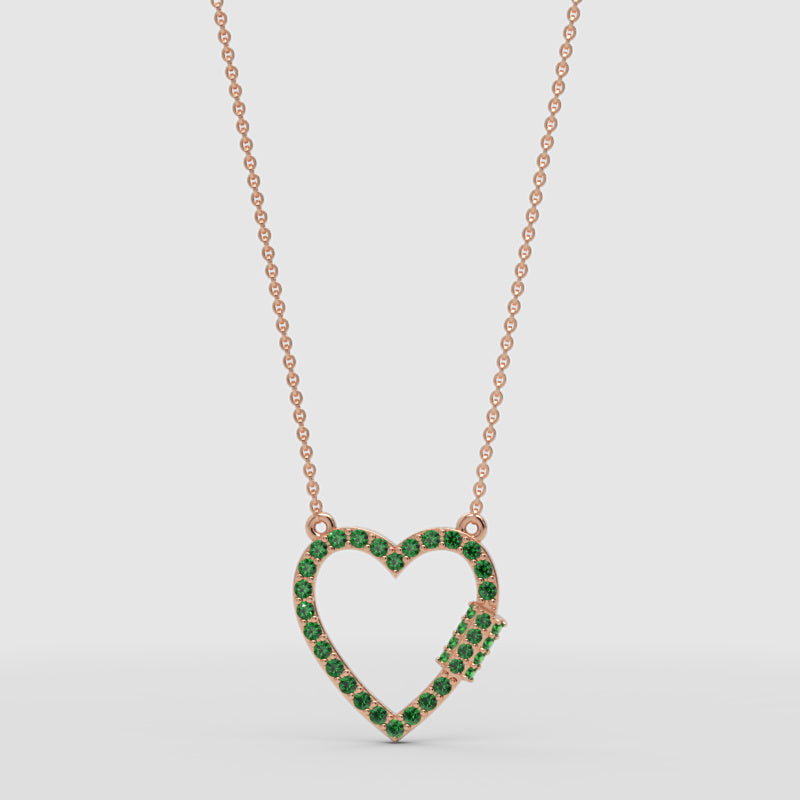 Lab-Grown Emerald Open Heart Necklace In Rose Gold | Elegant Pave Pendant With Adjustable 16–17 Inch Chain - One