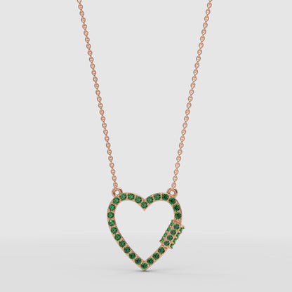 Lab-Grown Emerald Open Heart Necklace In Rose Gold | Elegant Pave Pendant With Adjustable 16–17 Inch Chain - One
