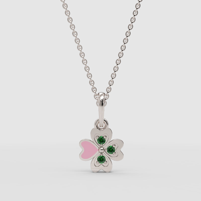 Enamel Clover Pendant Necklace With Green Stones - Three
