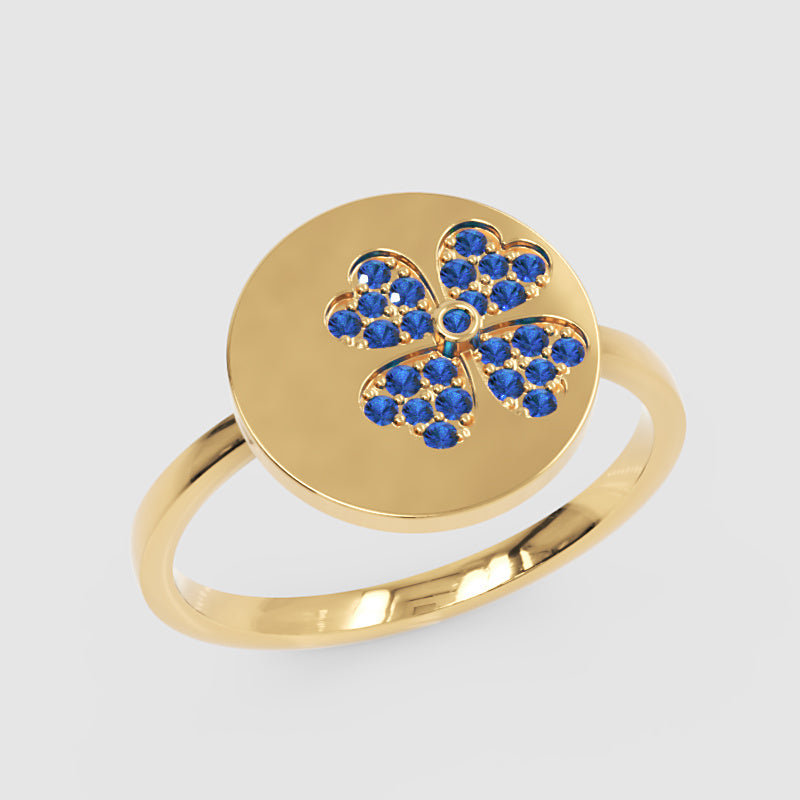 Blue Sapphire Four Leaf Clover Disc Ring - Five