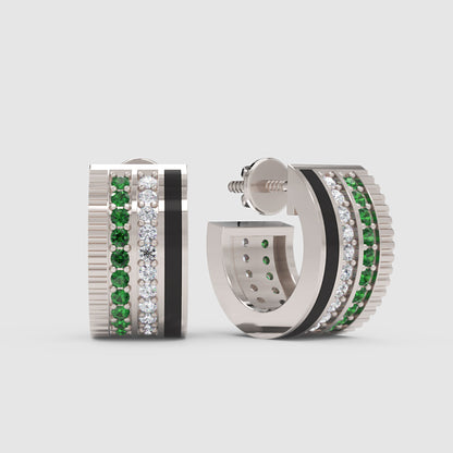 Emerald & Diamond Triple Row Hoop Earrings In White Gold With Black Enamel – Premium Statement Hoops | Jebij - One
