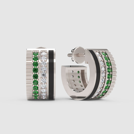 Emerald & Diamond Triple Row Hoop Earrings In White Gold With Black Enamel – Premium Statement Hoops | Jebij - One