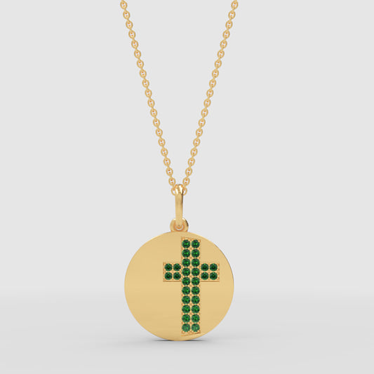 Emerald Cross Disc Pendant Necklace With Chain - One