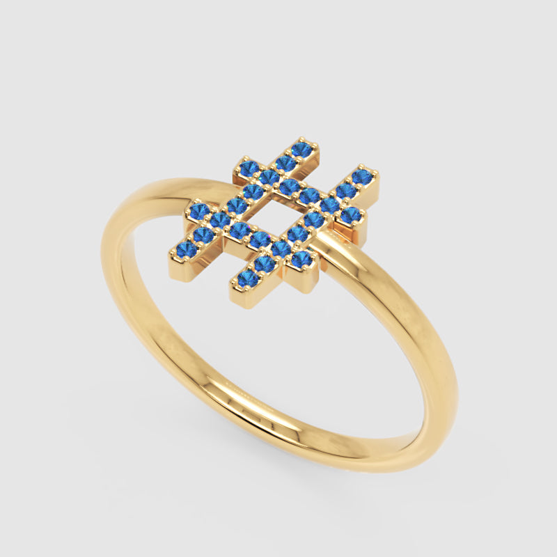 Blue Sapphire Hashtag Symbol Ring With Pav Stones - Five
