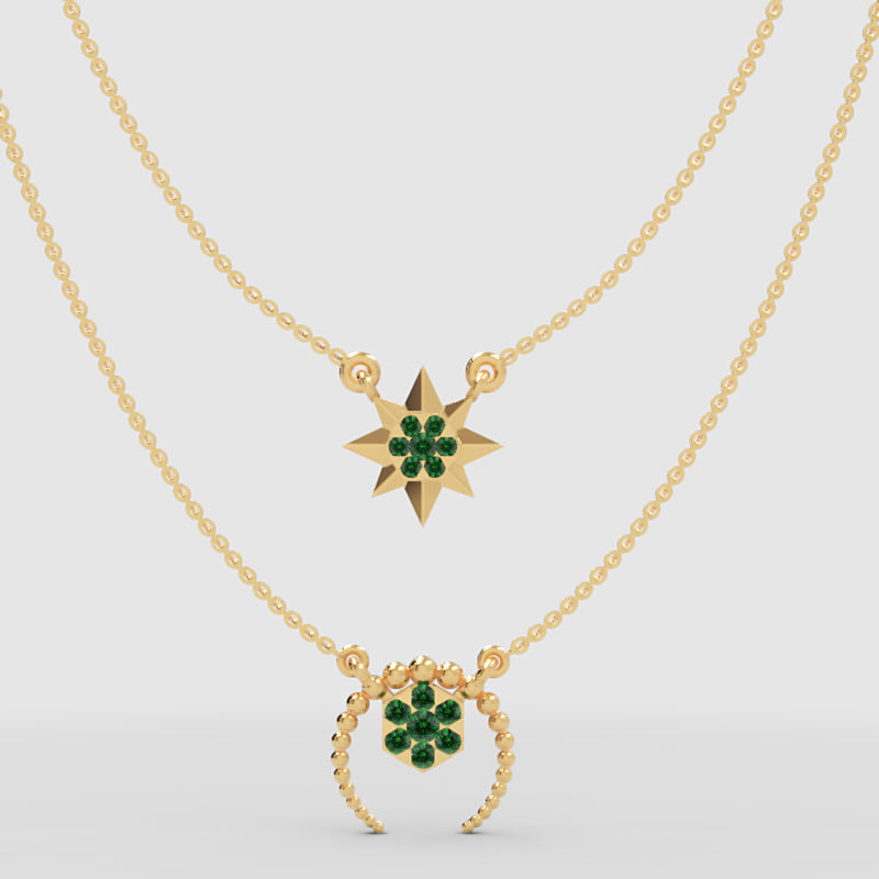 Layered Star And Circle Pendant Necklace With Green Stones - One