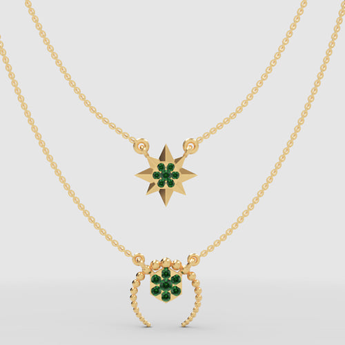 Layered Star and Circle Pendant Necklace with Green Stones