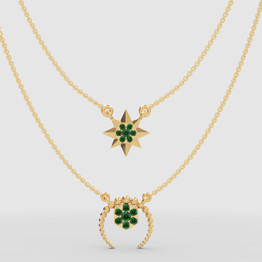 Layered Star And Circle Pendant Necklace With Green Stones - One