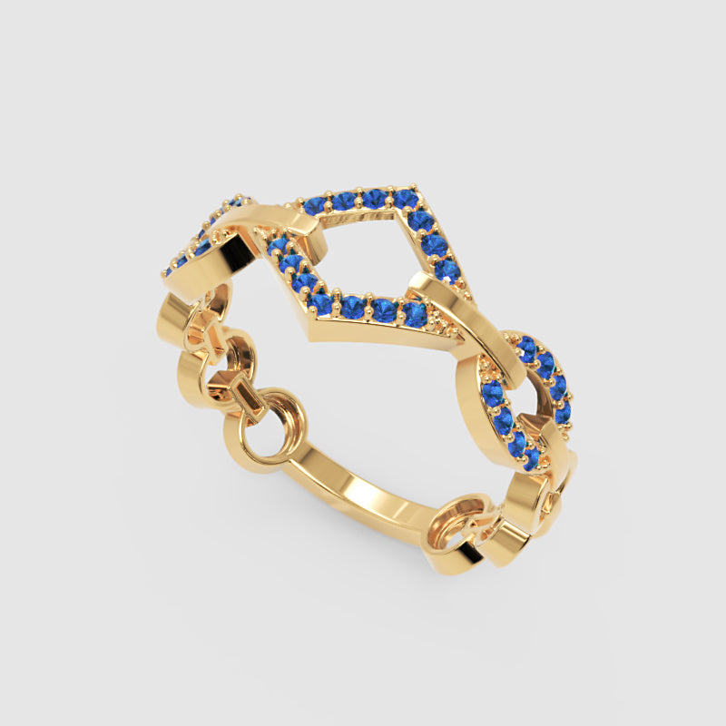 Blue Sapphire Chevron Chain Link Ring In White Gold | Geometric Double V Statement Ring For Women | Jebij - Five