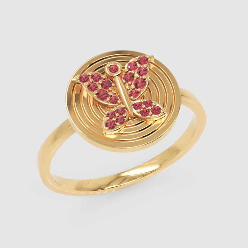 Rose Butterfly Medallion Ring With Pink Gemstones - Five