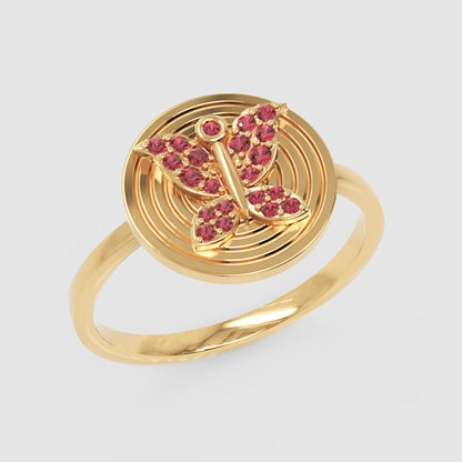 Rose Butterfly Medallion Ring With Pink Gemstones - Five