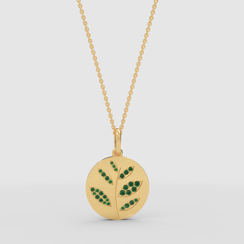 Green Leaf Disc Pendant Necklace With Emerald Stones - One