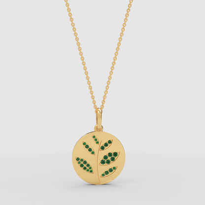 Green Leaf Disc Pendant Necklace With Emerald Stones - One