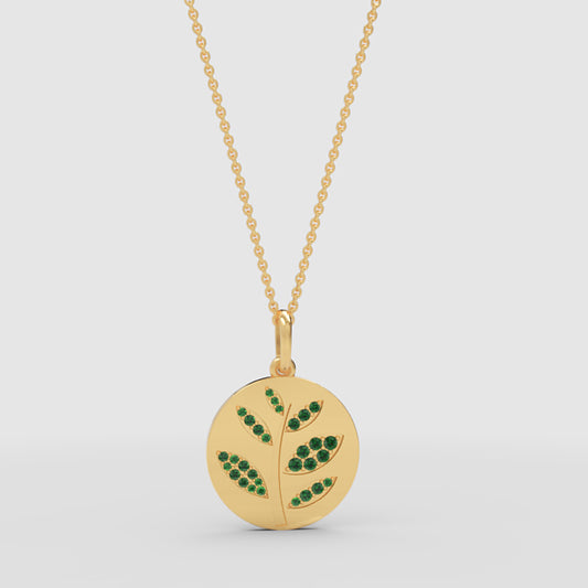 Green Leaf Disc Pendant Necklace With Emerald Stones - One