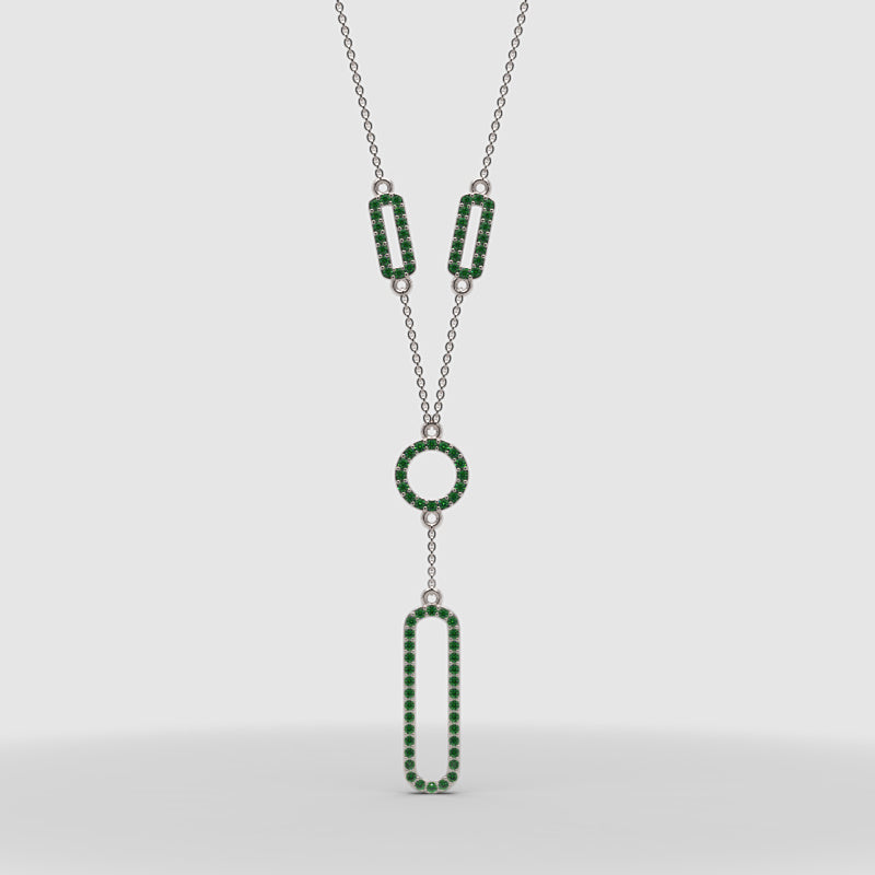 Lab-Grown Emerald Geometric Drop Y Necklace In White Gold | Modern Pave Circle & Bar Design (16–17 Inch Adjustable) | Jebij - One