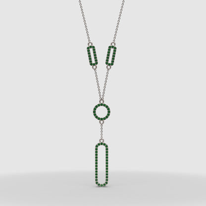 Lab-Grown Emerald Geometric Drop Y Necklace In White Gold | Modern Pave Circle & Bar Design (16–17 Inch Adjustable) | Jebij - One