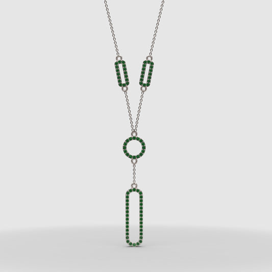 Lab-Grown Emerald Geometric Drop Y Necklace In White Gold | Modern Pave Circle & Bar Design (16–17 Inch Adjustable) | Jebij - One