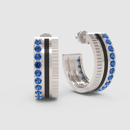 Blue Sapphire Hoop Earrings With Textured Design - Five