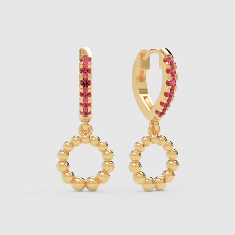 Pink Gemstone Huggie Hoop Earrings With Beaded Circle Drop Charms - Four